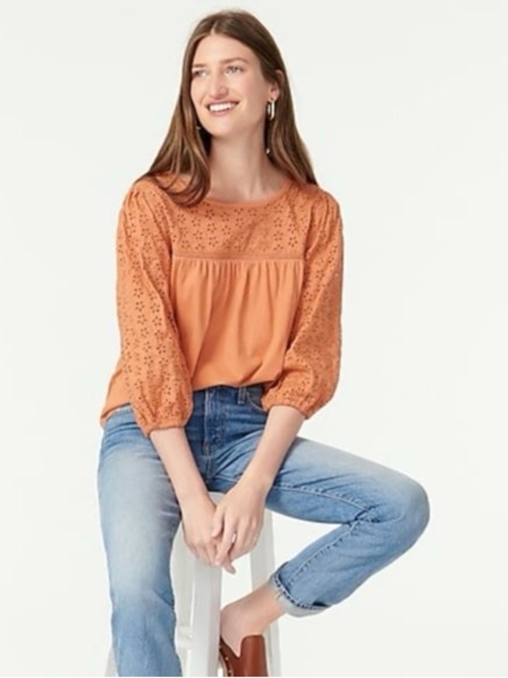 J. Crew Rust Orange Eyelet Sleeve Boho Peasant Top Size M